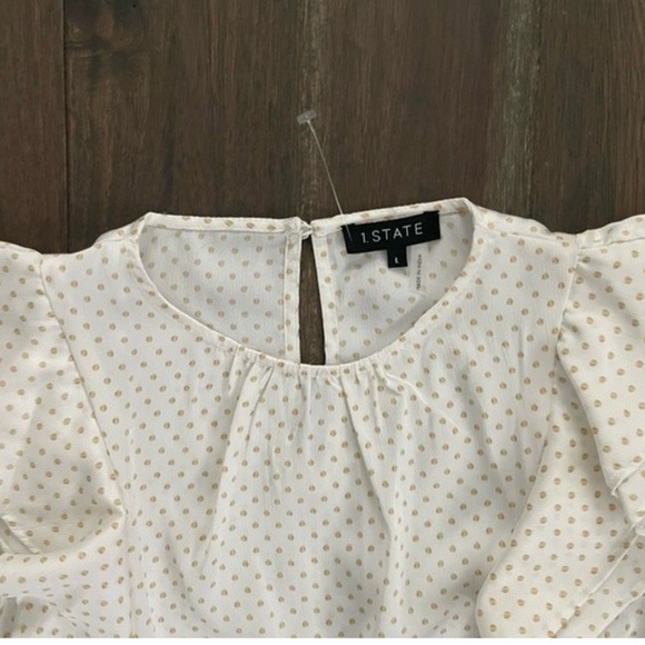 1.State Bon Voyage White & Gold Polka Dot Ruffle Blouse L - Picture 4 of 7